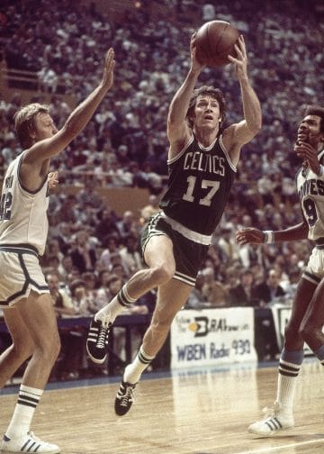  Celtics Hall of Famer John Havlicek attacks the rim in traffic against the Buffalo Braves.