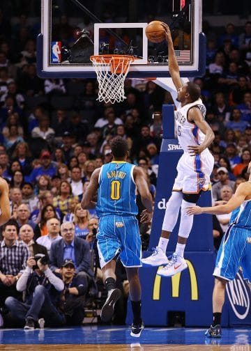 Kevin Durant and Russell Westbrook together on the court during their Thunder days