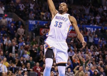 evin Durant of the Thunder elevates for a dunk during a home game.