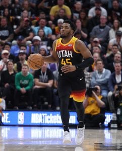Donovan Mitchell bringing the ball up for the Utah Jazz. 