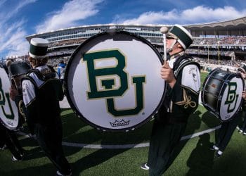 Baylor band preps the crowd during a home game on the baylor football schedule.