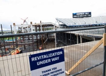 Wide view of Beaver Stadium renovation showcasing early stages of renovation construction.
