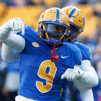 Brandon Hill celebrates after a defensive stop during an ACC matchup for Pitt