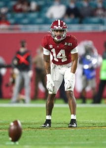 Brian Branch lines up pre-snap during the national championship, featured in the Top 10 Safeties Who Played 7v7 Football of All Time