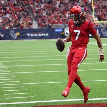 C.J. Stroud celebrates a touchdown with the Texans, coming in #2 on The Top 10 Quarterbacks Who Played 7v7 Football of All Time