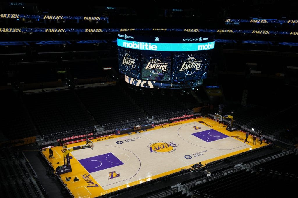 Wide view of an empty Crypto.com Arena before a Lakers vs. Suns game during the 2025 NBA season, highlighting concerns over NBA attendance and engagement.