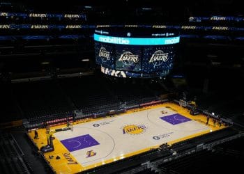 Wide view of an empty Crypto.com Arena before a Lakers vs. Suns game during the 2025 NBA season, highlighting concerns over NBA attendance and engagement.