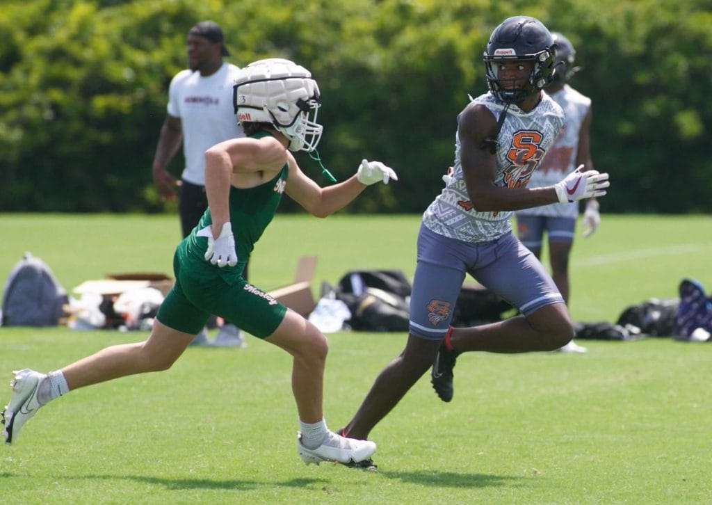 Seminole WR Goldie Lawrence runs a route during Mike Norvell’s 7v7 High School Camp at FSU Rec SportsPlex in 2022.