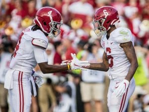 Jerry Jeudy and DeVonta Smith celebrate a touchdown in Alabama uniforms 2 of the Top 10 Wide Receivers Who Played 7v7 Football of All Time.
