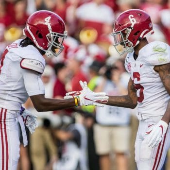 Jerry Jeudy and DeVonta Smith celebrate a touchdown in Alabama uniforms 2 of the Top 10 Wide Receivers Who Played 7v7 Football of All Time.