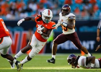 Kamren Kinchens returns an interception during a game against Bethune-Cookman