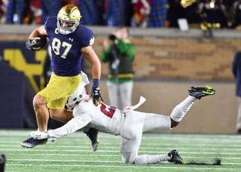 Notre Dame tight end Michael Mayer breaks a tackle against Stanford during the 2022 college football season.