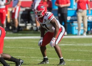 Georgia linebacker Nakobe Dean crouched in coverage during a defensive snap against Mississippi State.