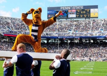 Penn State football schedule 2025 kicks off with high energy as the Nittany Lion mascot rallies the crowd at Beaver Stadium.