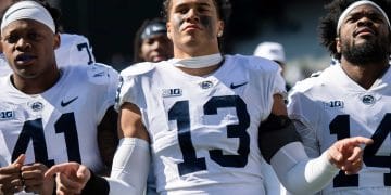  Penn State players singing the Alma Mater inside the Penn State football stadium