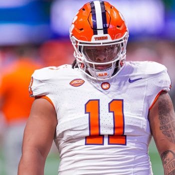 Clemson defensive lineman Peter Woods stares down the opposing offense before a snap.