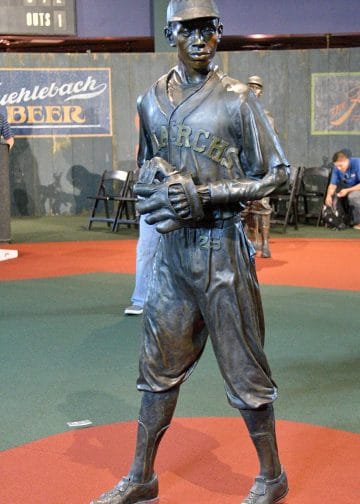 Statue of legendary Black baseball player Satchel Paige in Kansas City Monarchs uniform.