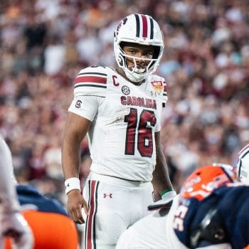 Quarterback LaNorris Sellers scans the defense before the snap on the south carolina football schedule 2025.