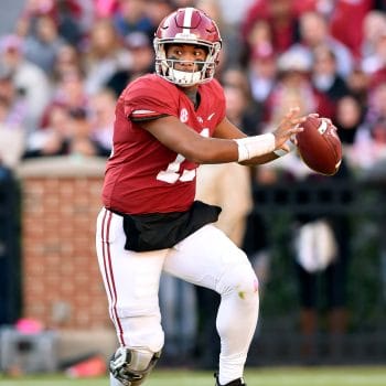 Tua Tagovailoa winds up to throw during his Alabama days before becoming a 7v7 football standout and NFL quarterback.