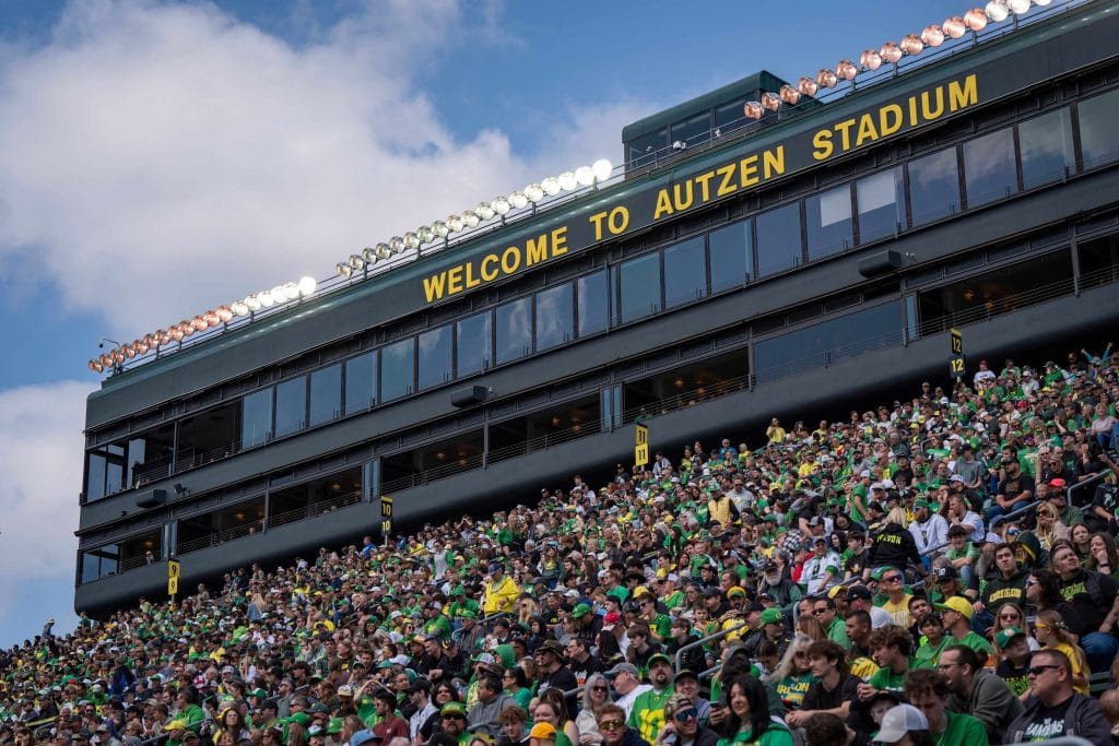 Fans packed below Autzen Stadium sign at the Oregon football stadium