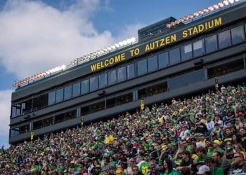 Fans packed below Autzen Stadium sign at the Oregon football stadium