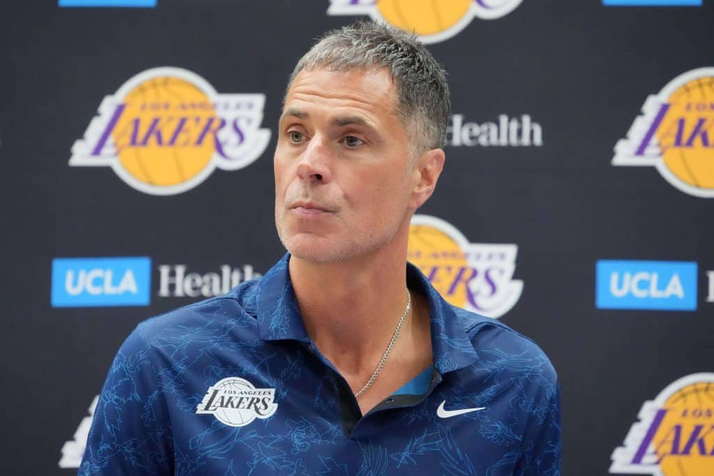 Rob Pelinka speaking to the media as Lakers GM, reflecting on key front office decisions.