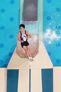 Carlos Yulo of the Philippines mid-air during his vault routine en route to winning gold at the Gymnastics Olympics in Paris 2024