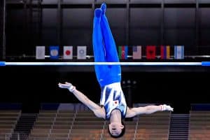 Kohei Uchimura competes on high bar during the Artistic Gymnastics Olympics Champions at Tokyo 2020