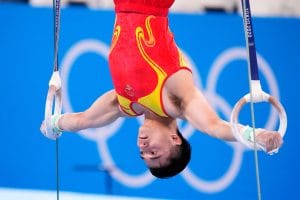  Liu Yang holding an inverted position on rings at the Male Artistic Gymnastics Olympics in Paris 2024