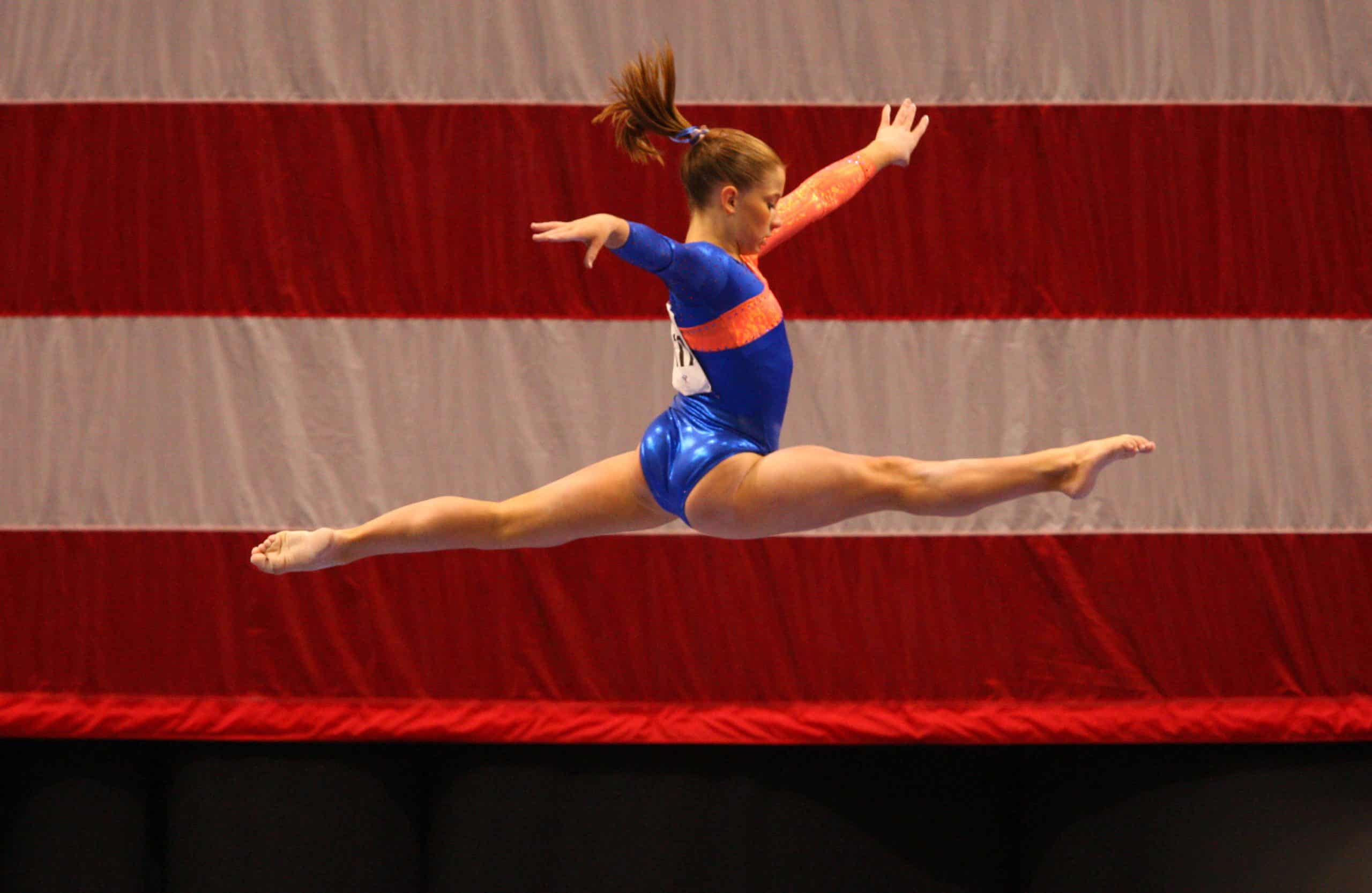 Shawn Johnson performing her floor routine at the Olympics, showcasing one of the best Female Artistic Gymnastics Olympics Floor Routines