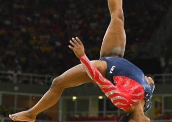 Simone Biles performs a beam routine during the artistic gymnastics Olympics Champions at Rio 2016