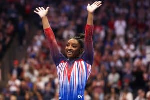 Simone Biles celebrates during the USA Artistic Gymnastics Olympics in Paris 2024