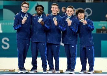 Team USA men’s gymnastics squad celebrating with their bronze medals after the team final at the Artistic Gymnastics Olympics in Paris 2024